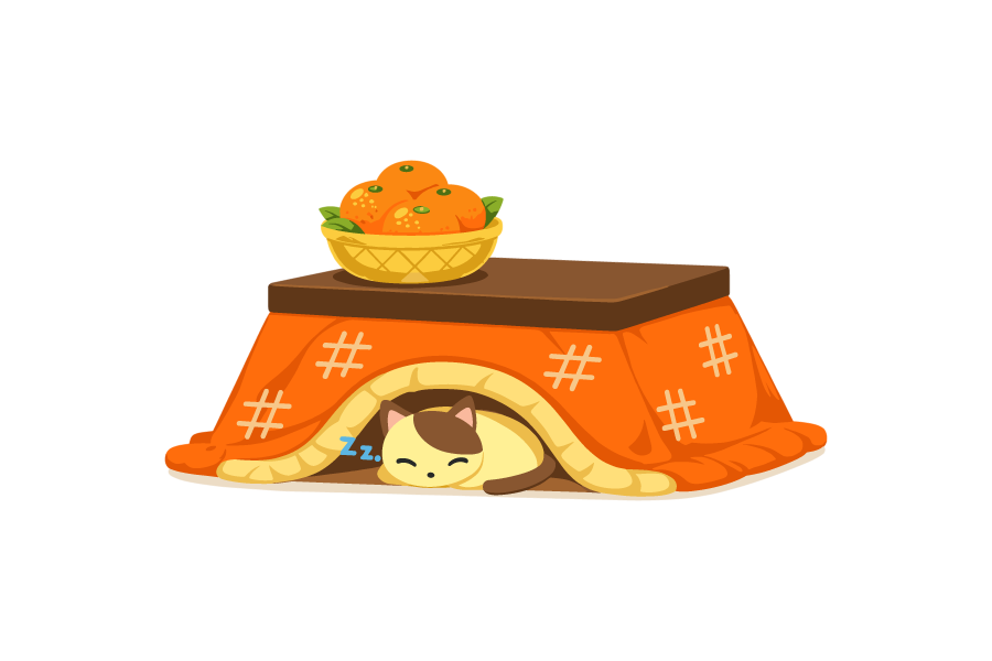 こたつに潜って寝ている猫のイラスト