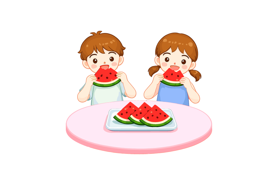 スイカを食べる男の子と女の子のイラスト