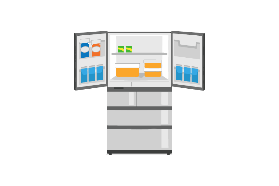 扉を開けた大型冷蔵庫のイラスト
