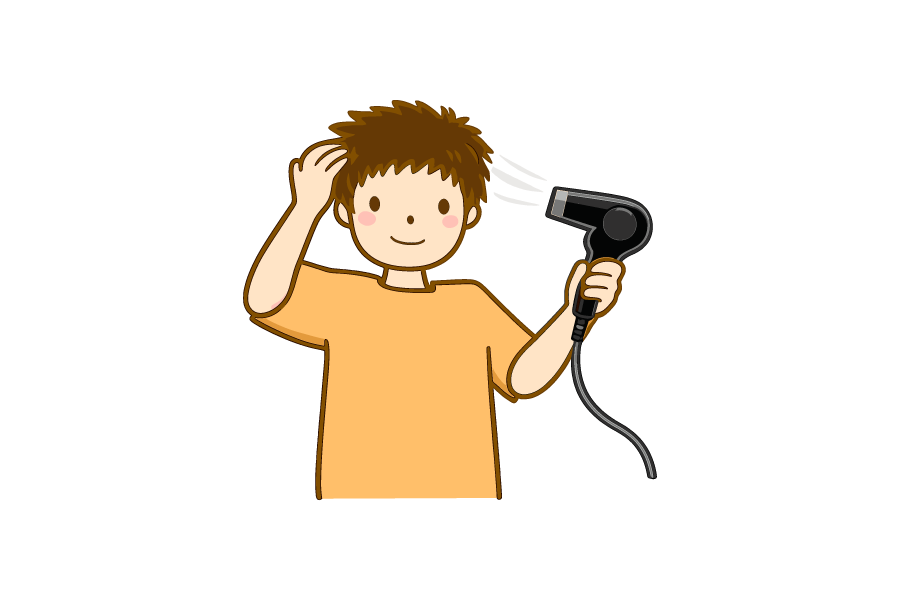 ドライヤーで髪を乾かしている男性のイラスト
