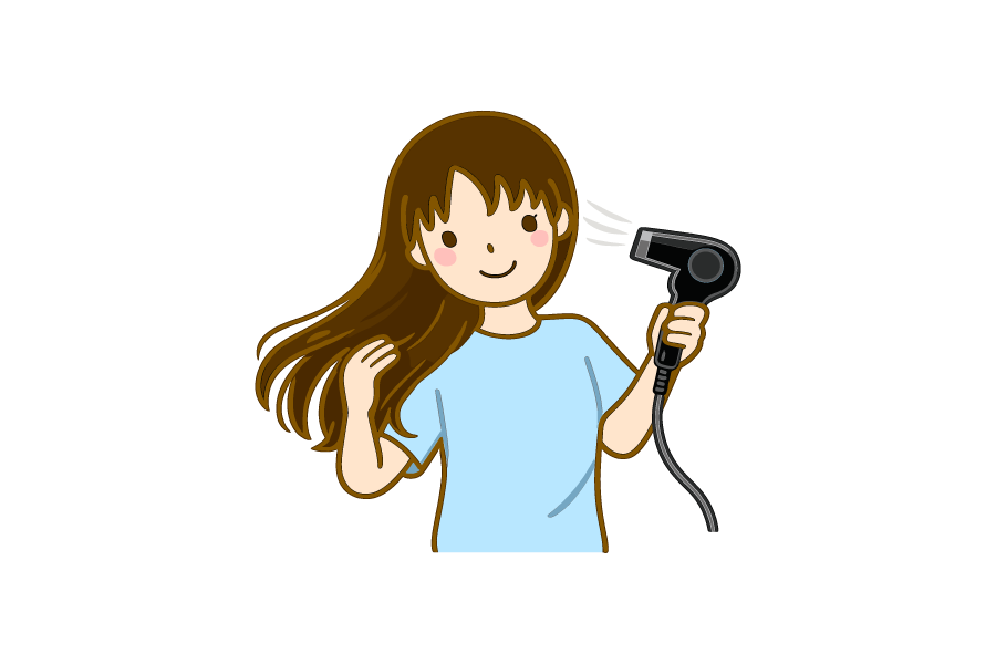 ドライヤーで髪を乾かしている女性のイラスト